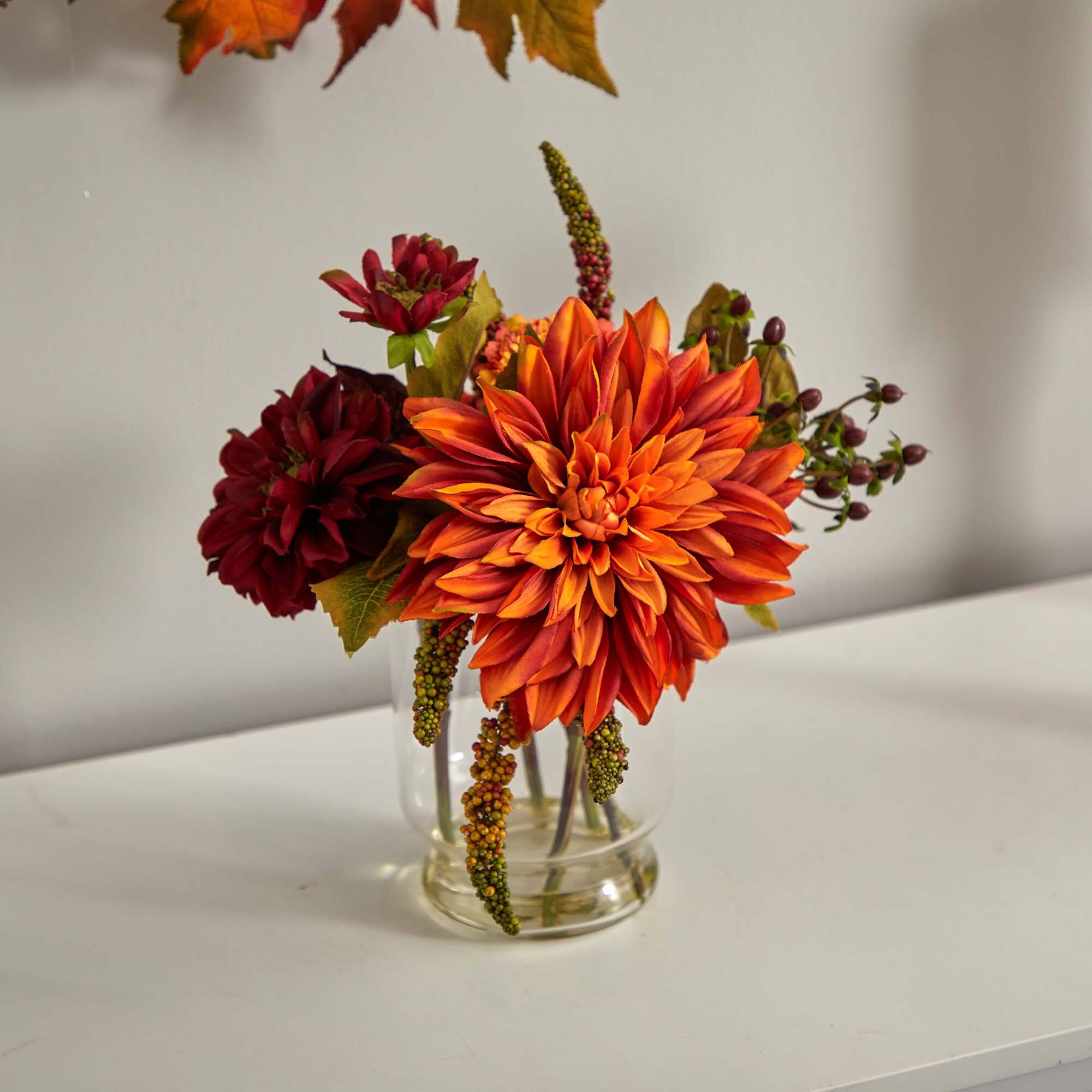 12" Dahlia & Mum Arrangement with Glass Vase
